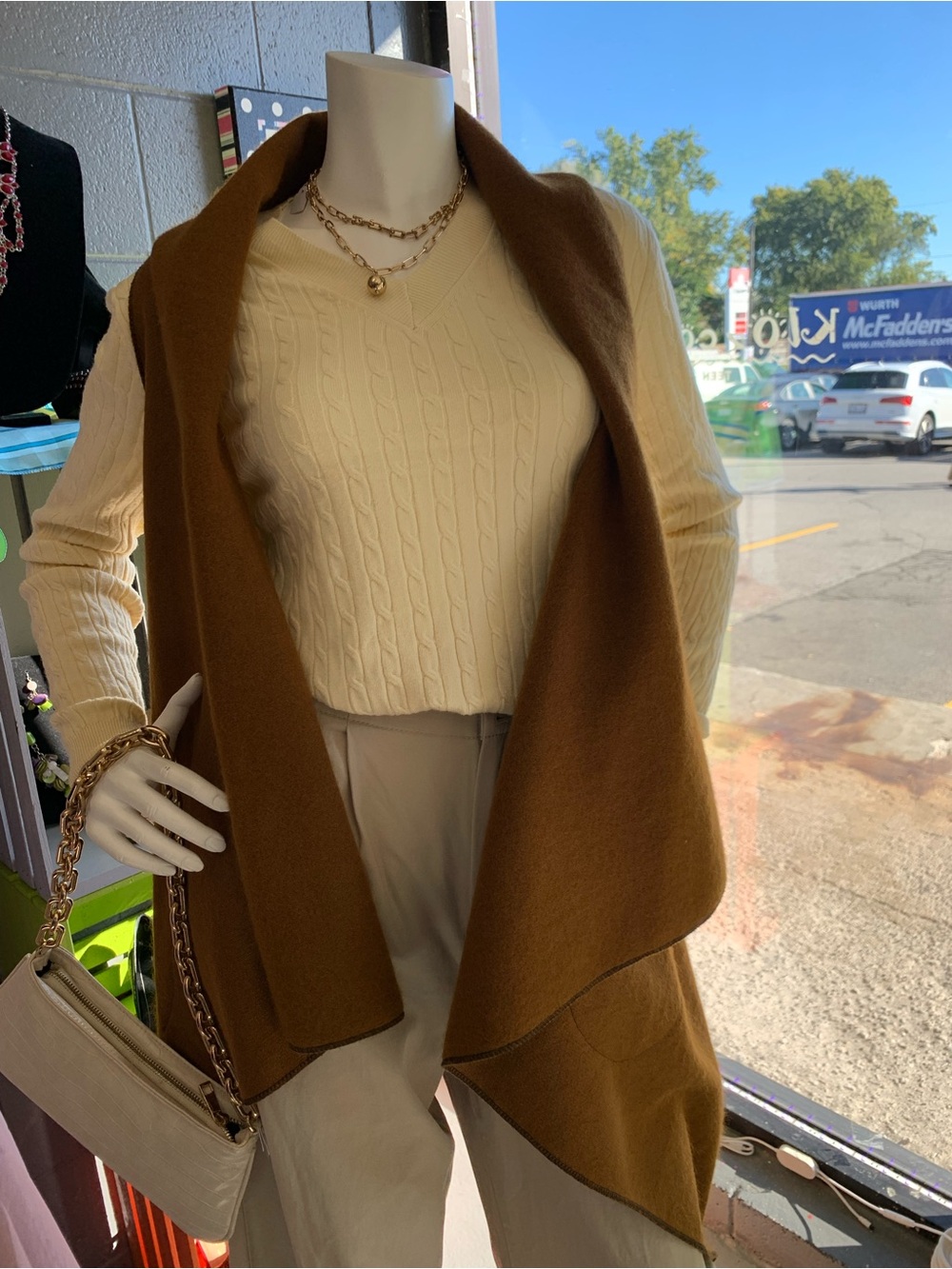 Cream Cable-Knit V-Neck Sweater with Camel Draped Poncho